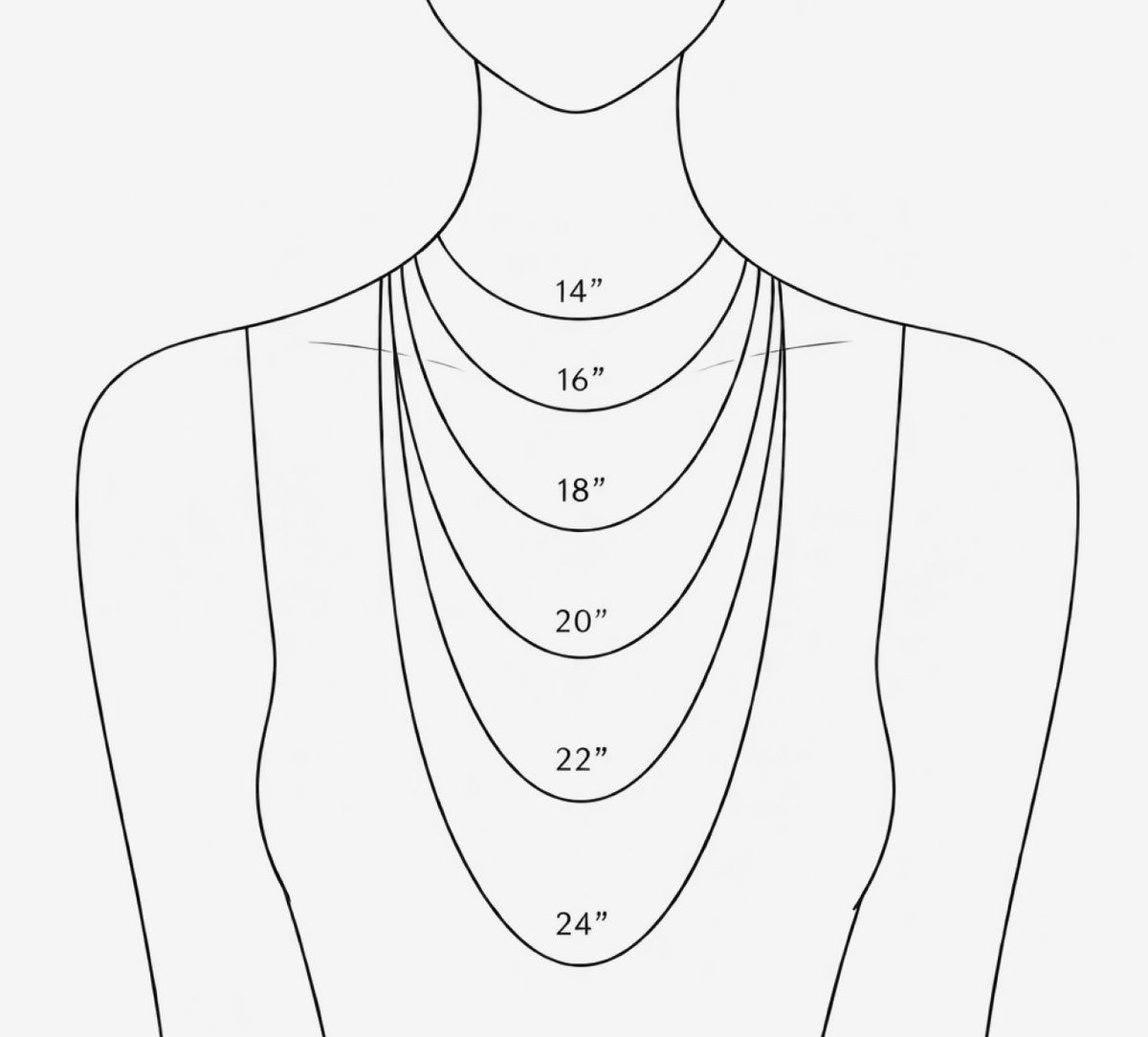 Necklace size guide illustration showing chain lengths from 14 to 24 inches